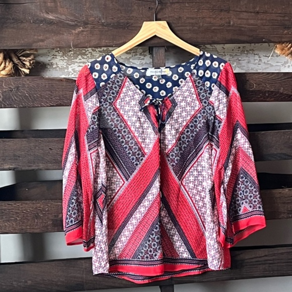 🟠FIGUEROA AND FLOWER Womens Top Split Bell Sleeves Tie-front Size PM